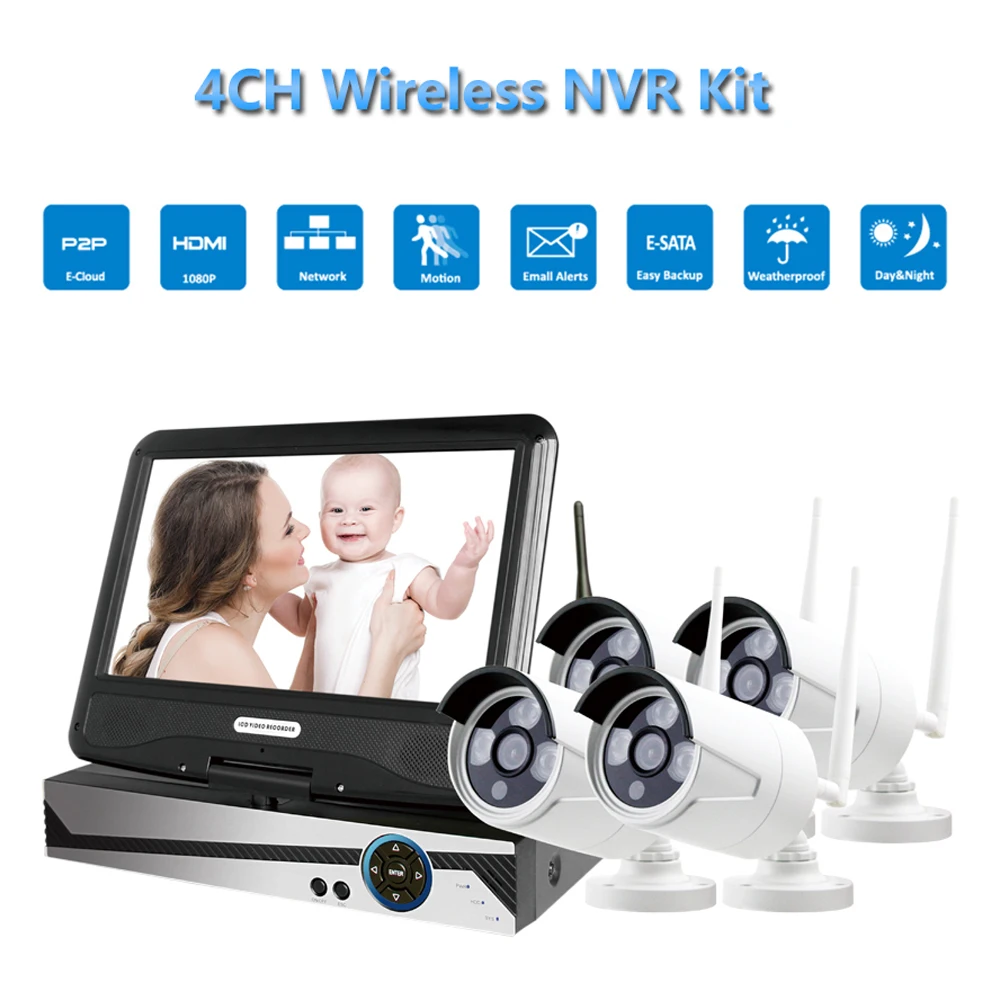 

PUAroom 4CH IP66 waterproof Outdoor bullet IP home security Surveillance Cameras Systems with 10inch LCD monitor