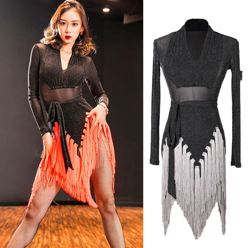 

Latin Dance Dress Women Sexy Tassel Long Sleeve Ballroom Rumba Cha-Cha Samba Dance Dresses Lady Practice Dancing Costume DWY1229