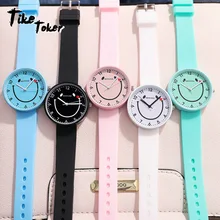 TIke Toker, детские наручные часы со смайликом, кварцевый Кремний ремешок для студентов, красочные детские часы для девочек и мальчиков, часы с большим циферблатом, женские 7
