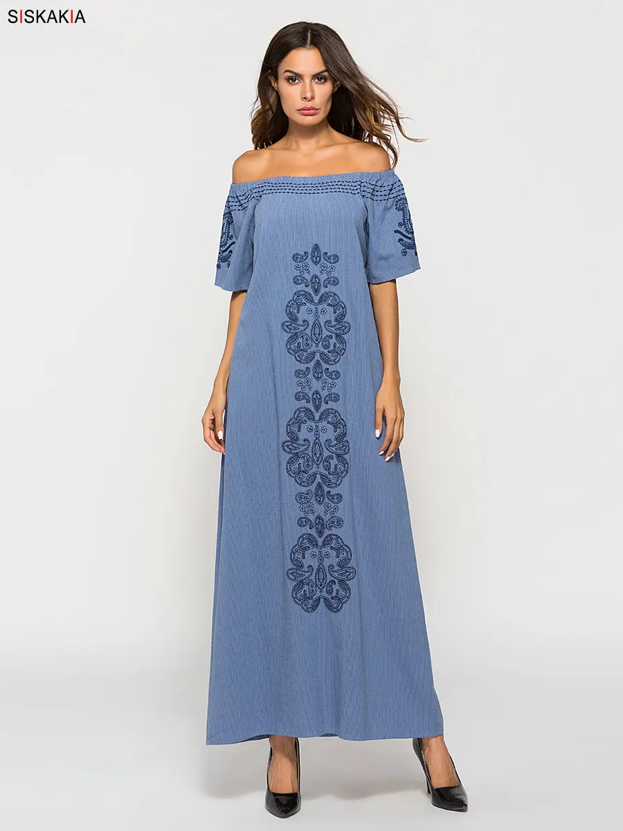 Siskakia, винтажное этническое платье с вышивкой, элегантные летние платья в стиле ретро, синие, с открытыми плечами, круглый вырез, короткий рукав, для женщин, облегающее