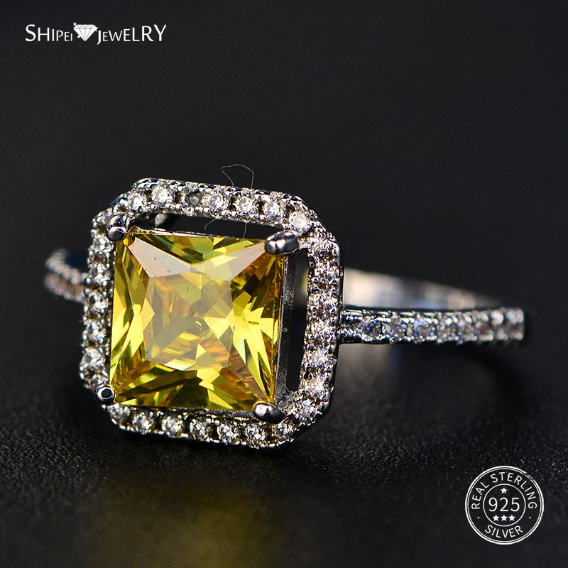 

ShiPei 100% 925 Sterling Silver Yellow Pink White Purple Sapphire Ruby Emerald Square Engagement Ring for Women Valentines Gift