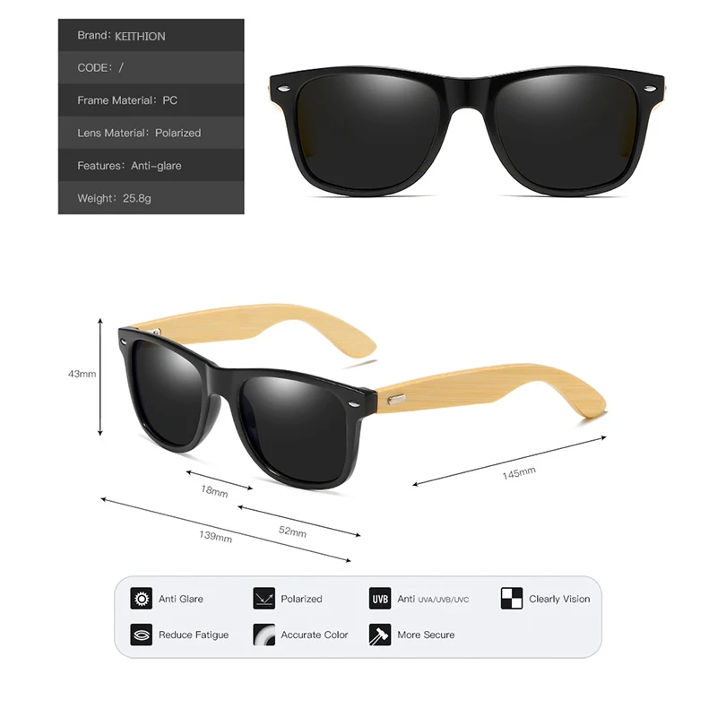 KEITHION Brand Bamboo Leg Polarized Sunglasses Men Classic Square Frame Fashion Retro Female Sun Glasses UV400