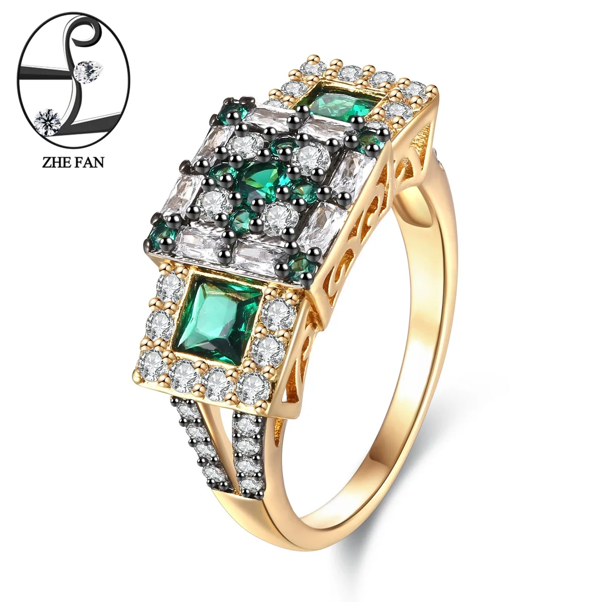 

ZHE FAN Vintage Rings Gold Black Color 2 Tone Plating Green AAA Cubic Zirconia Ring For Women Jewelry Gifts Size 6-9