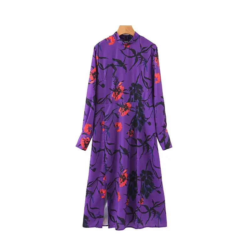 Vadim женское фиолетовое платье миди с цветочным принтом и длинным рукавом на молнии сзади, женские стильные платья до середины икры vestidos QC579 - Цвет: as picture
