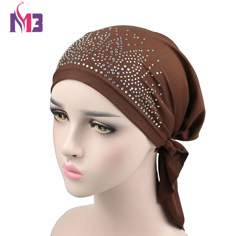Новая мода для женщин тюрбан Капот Шапочка шапка после химиотерапии головные уборы алмазные банданы тюрбан шляпа мусульманский хиджаб исламский тюрбан - Цвет: Коричневый