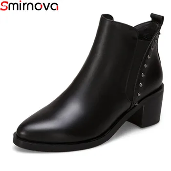 

Smirnova 2018 new arrival waterproof boots square heels genuine leather ankle boots for women black gray slip on ladies shoes