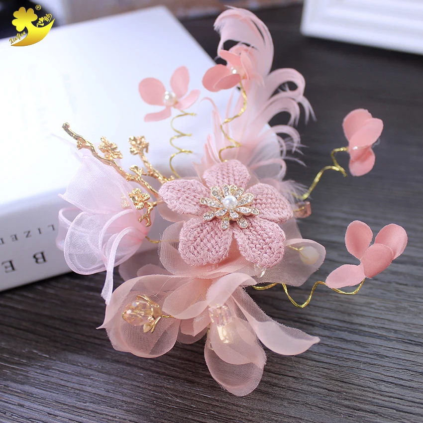 Xinyun Pink Feather Flower Hair Ornaments Handmade Bridal Hair