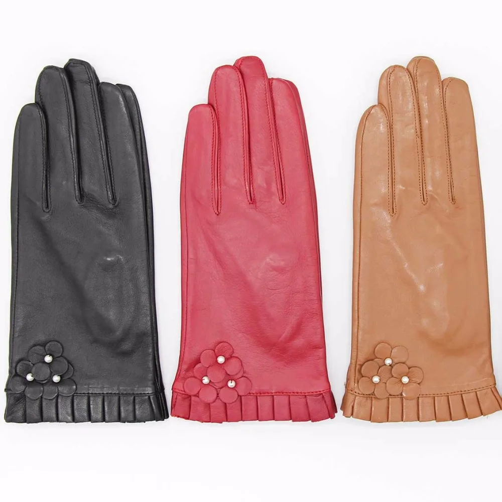 Перчатки из чистой кожи женские перчатки осень зима новые ветрозащитные теплые кисточки маленькие перчатки с цветами натуральная овчина варежки