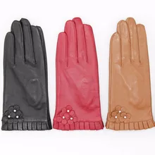 Перчатки из чистой кожи женские перчатки осень зима новые ветрозащитные теплые кисточки маленькие перчатки с цветами натуральная овчина варежки