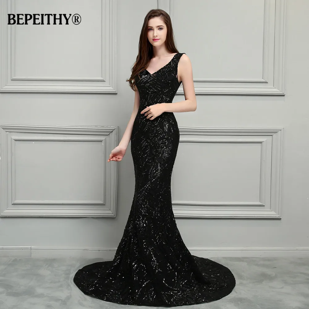 BEPEITHY Новый Русалка Длинные Выпускные платья 2019 блестящее платье Vestido Longo суд Поезд Сексуальная открытой спиной Вечерние без рукавов