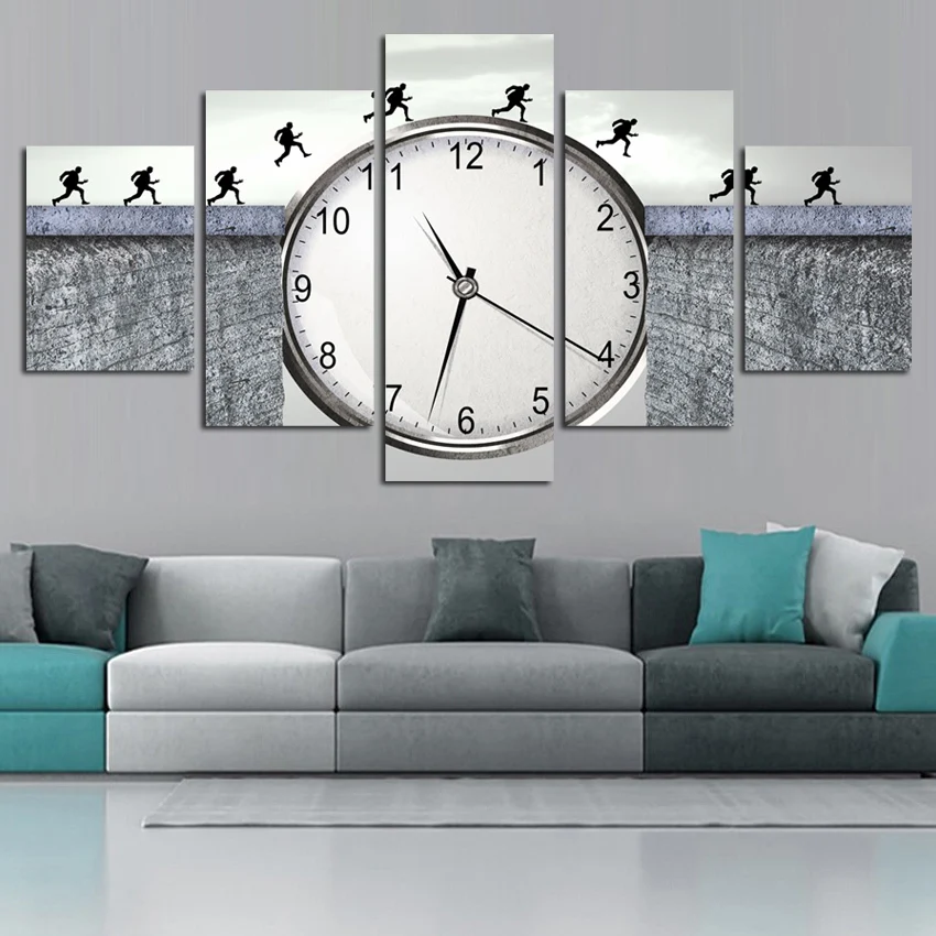 

SVITY 5Pcs Modular Canvas Painting Classic Clock Ink Painting Landscapes Wall Art Print Picture For Living Room Decoration FA506