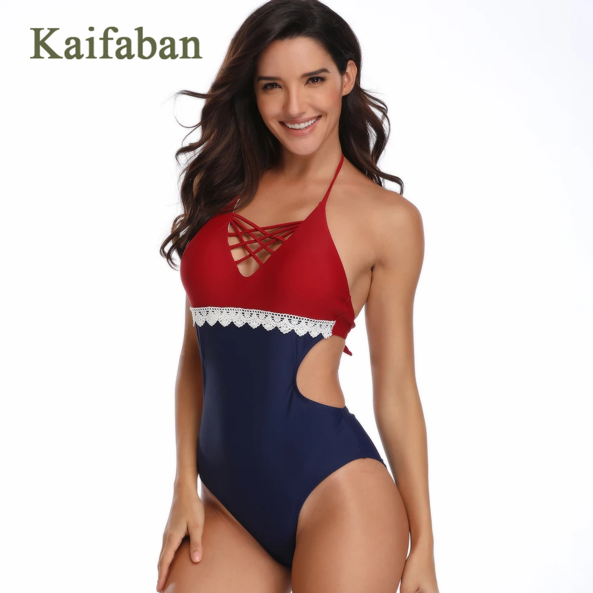 

2019 Women Lace Hit Color Splice One Piece Bikini Monokini Swimsuit Swimwear Sexy Hollow Strap Plavky Maillot Tankini Bathsuit