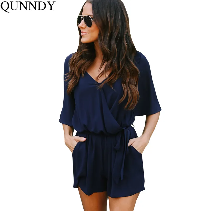 

Qunndy Boho Red Solid Ruffles Playsuits Women Elegant Summer V Neck Jumpsuits Rompers Sexy Loose Beach Girls Short Overalls
