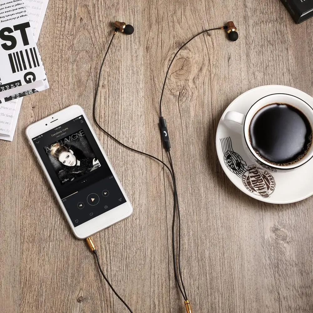 LESHP Earbud  Earphones with Microphone & Volume Control Wood color