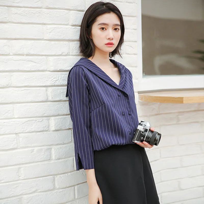 Vente 2018 Nouveau Printemps Femmes Chemise Coréenne Institute Vent Col Marin À Rayures Blouses Femme Mignon Chemises Tops