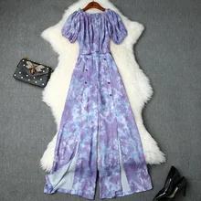 Pant Suits Summer Women's Fashion 2019 New Ruffled Slash Neck Printed Top + Empire Waist Split Wide Leg Pants Two Piece Set S-XL