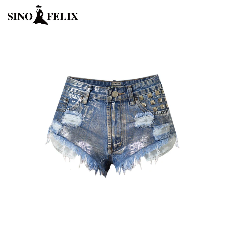 ФОТО Sino Felix Women High Waist Jeans Rivet Ripped Shorts Hot Sexy Street Style Vintage Frayed edge Bleached Mujer Vaqueros 