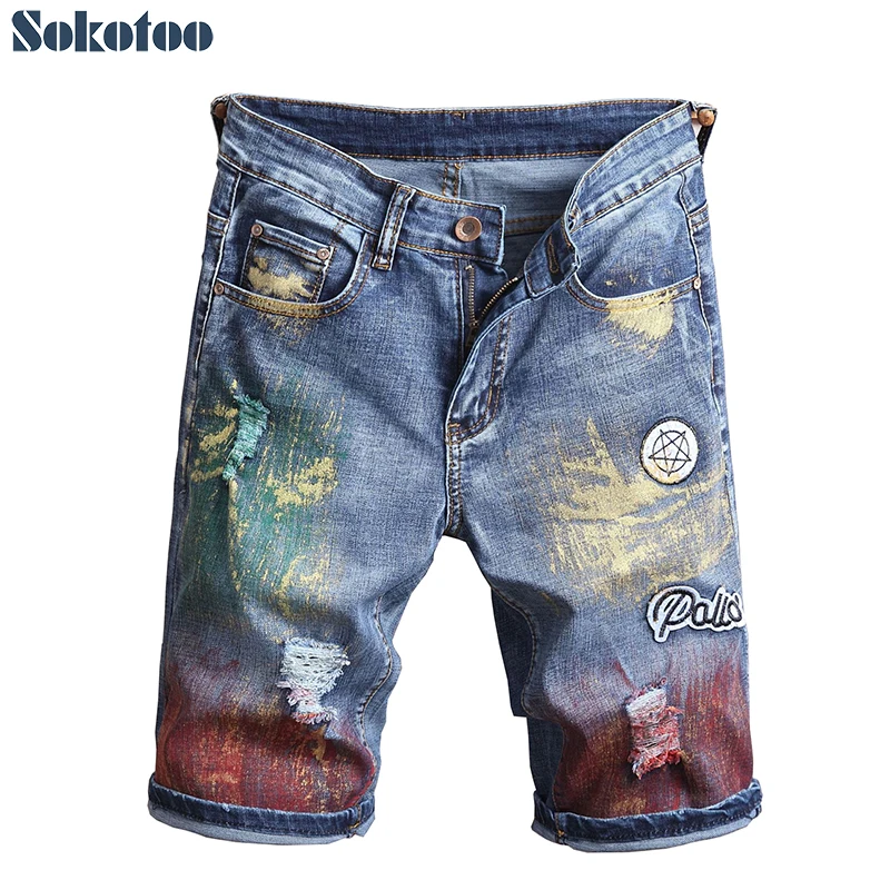 

Men's colored painted ripped shorts Knee length holes stretch denim jeans Summer Capri