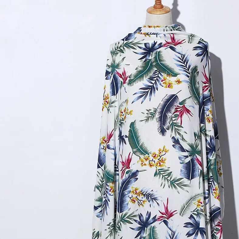 

Tropical Rainforest Style Viscose Printed Floral Leaves Feather Dress Kimono Tissu Sewing Textile Fabric Meter Cloth SUJASANMY
