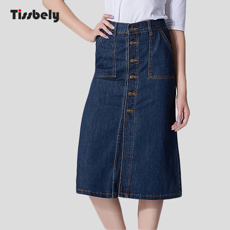 Tissbely Button Knee Length Skirt Jeans Women A Line Empire Mid Calf ...