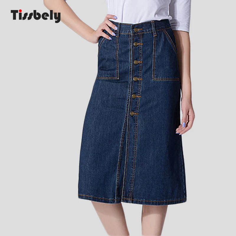Tissbely Button Knee Length Skirt Jeans Women A Line Empire Mid Calf