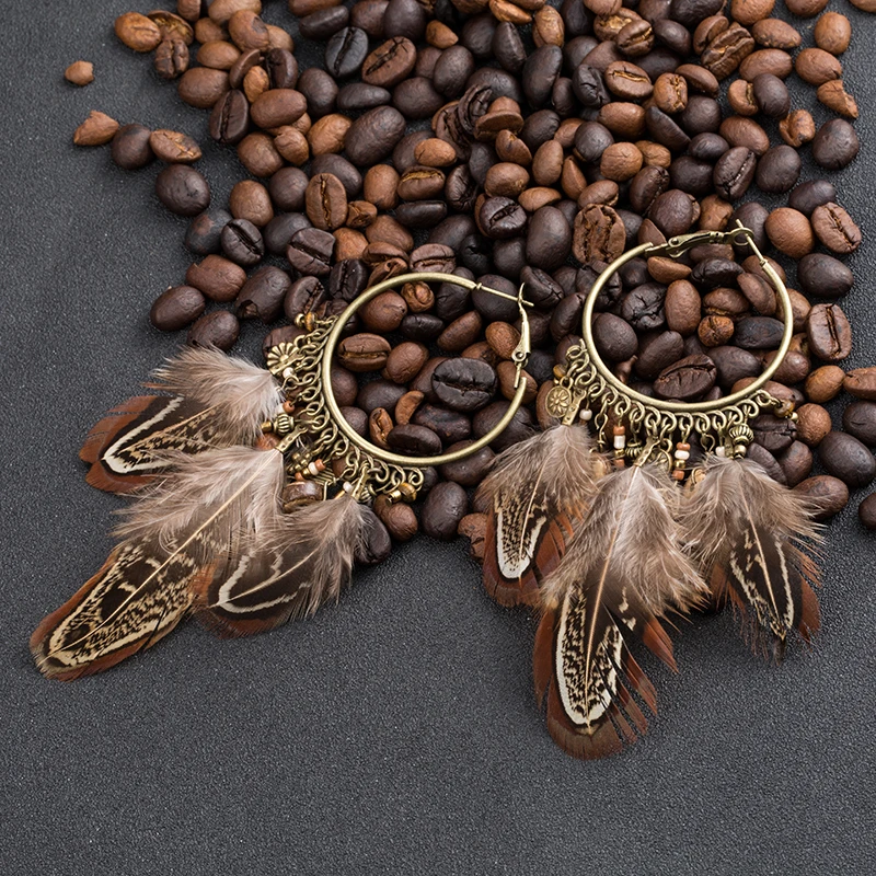 Leather Earrings for Women Southwestern Style Boho Dangle Leaf in Black with Wood Beads and Feather Charm 