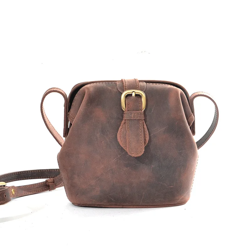 

2019 vintage handmade women's messenger bag first layer cowhide female bucket bag horse leather one shoulder cross body bag