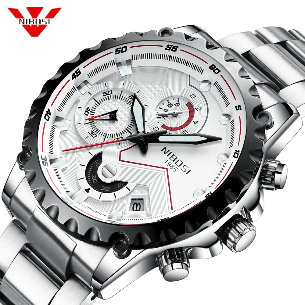 

NIBOSI Silver Watch Men Waterproof Quartz Wristwatches Relogio Masculino Sport Watch Fashion Casual Clock Stainless Steel Clock