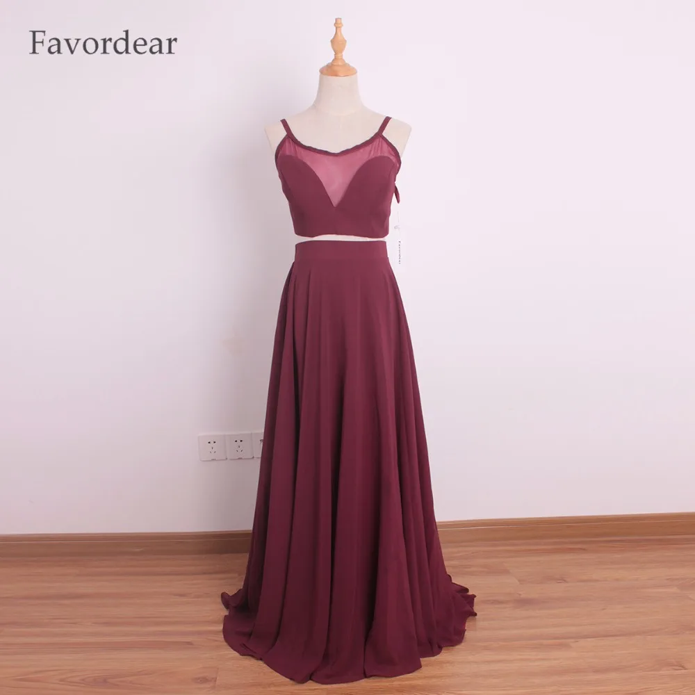 

Favordear Burgundy Two Pieces Spaghetti Straps Evening Dresses Long Chiffon Spaghetti Straps Red Prom Gowns 2017