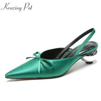 

Krazing Pot crystal heel silk fashion daily wear original design bowtie decoration pointed toe web sensation slingback pumps L56