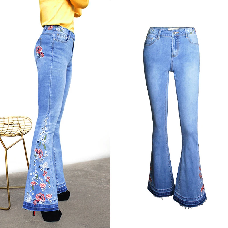 Блестящие джинсы с цветочной вышивкой, женские растягивающиеся расклешенные джинсы больших размеров для женщин, широкие джинсы для девочек, расклешённые джинсовые брюки, Новинка