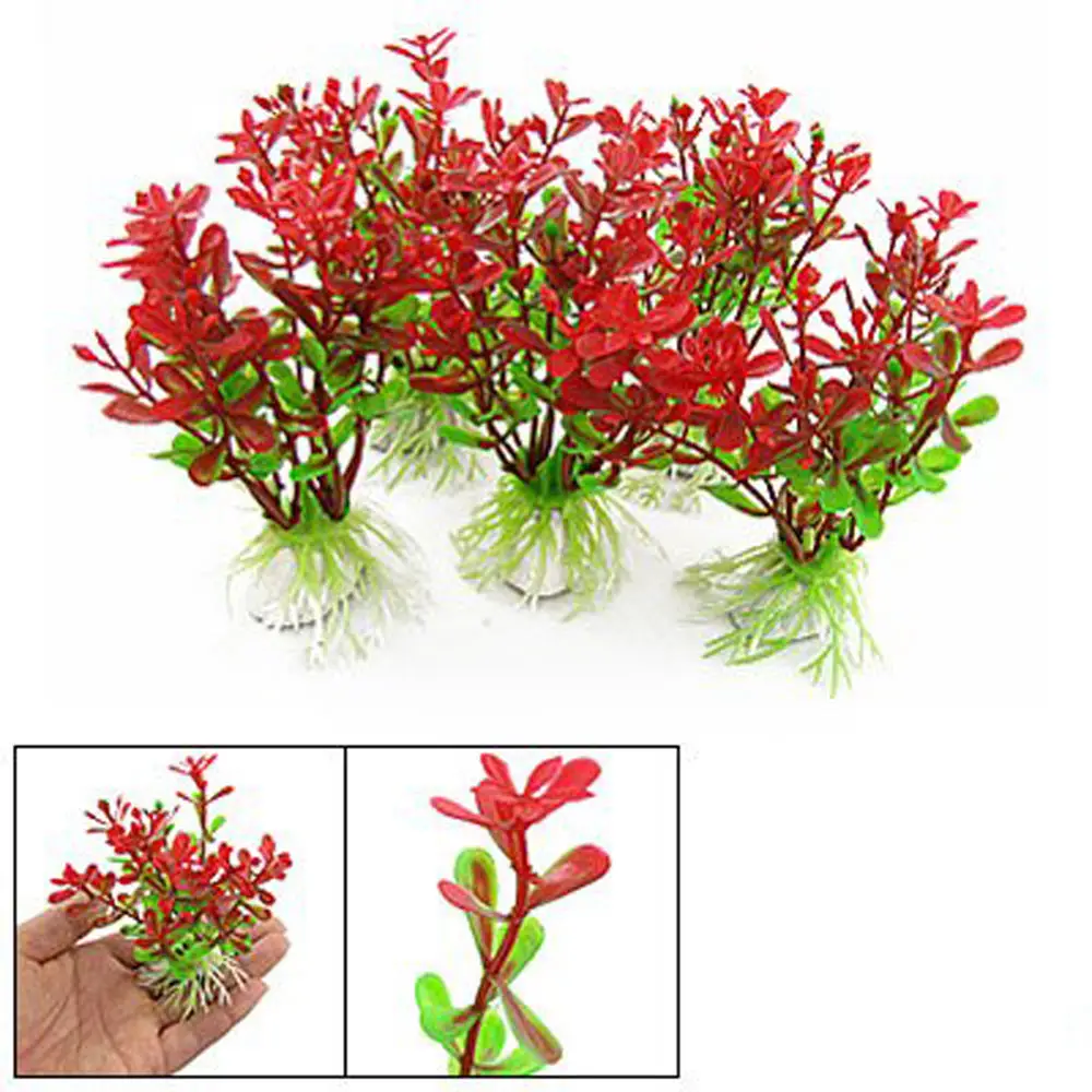 

5PCS/Set Red Green Plastic Plant Decor & Ceramic Base for Fish Tank Aquarium New