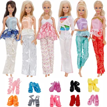 

15 Items = Random 5x Blouse Trousers Colorful Outfit + 10x Mixed Style High Heels Shoes Clothes For Barbie Doll Accessories