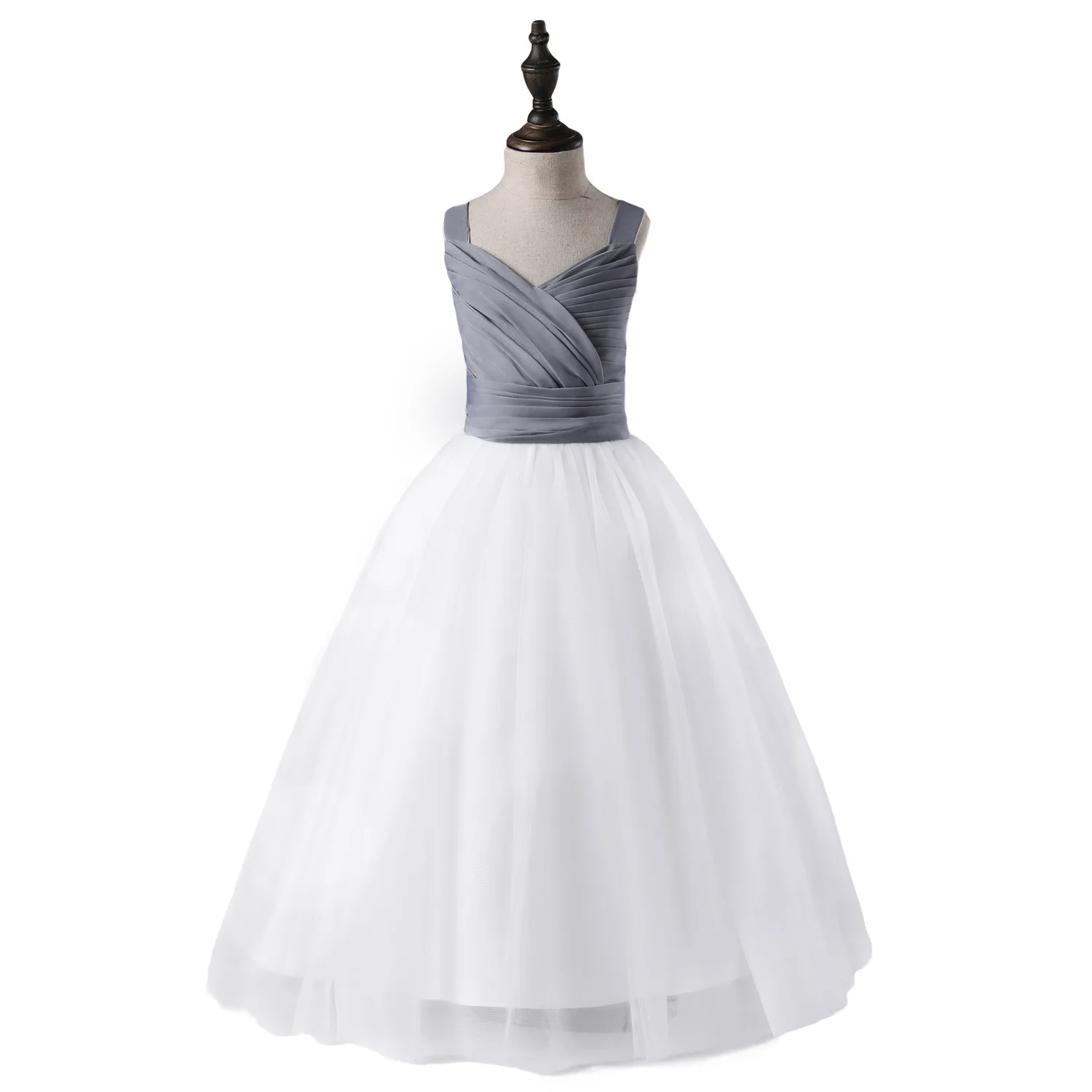 Cinza e Branco de Tule Festa de Formatura Vestido de Baile Elegante Estilo Flor Meninas Vestidos Crianças Suspender Casamento Roupas 10 Elegante Estilo Flor Meninas Vestidos Crianças Cinza