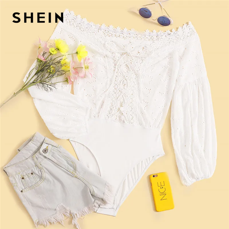 SHEIN Ажурное Боди На Шнуровке, Кружевное Однотонное Боди, Нарядное Летнее Боди