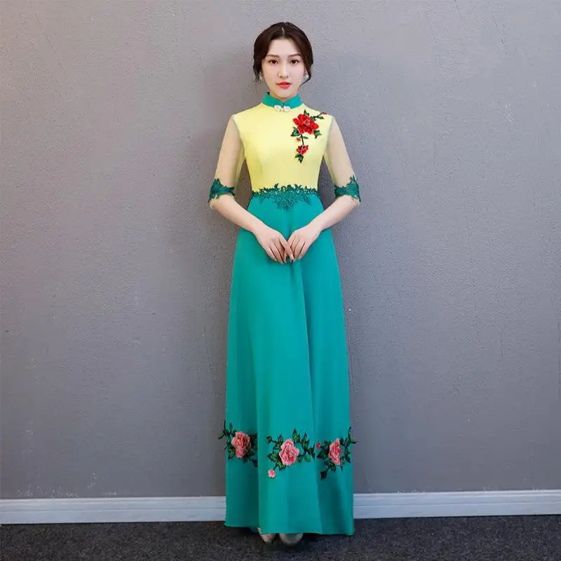 Осеннее новое женское вечернее платье элегантный цветок Qipao классический китайский женский халат со стоячим воротником, с цветочным принтом Vestidos традиционный Женский подарок