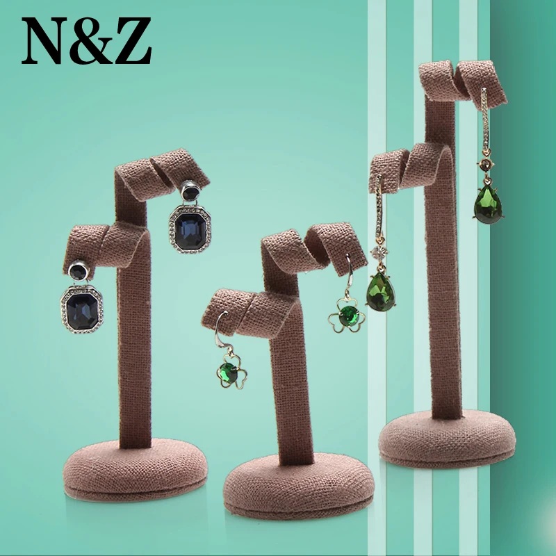 

N&Z New 3pcs/Set Earrings Display Stand Holder With Brown Linen Material Earrings Organizer Showcase