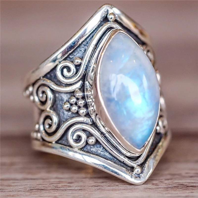 Кольцо в стиле бохо, античный Индийский лунный камень, винтажное серебряное кольцо, большие кольца для женщин, хорошее ювелирное изделие, подарок для девушек Z5N851