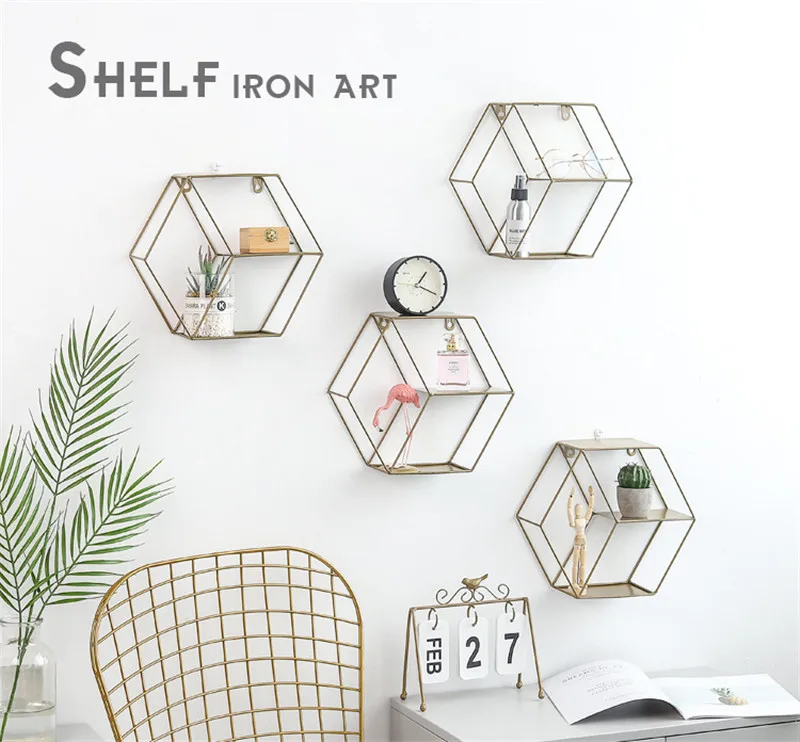 

3-color Nordic Style Metal Decorative Shelf Hexagon Shelves Home Decoration Storage Rack Potted Rack Children Room Decoration