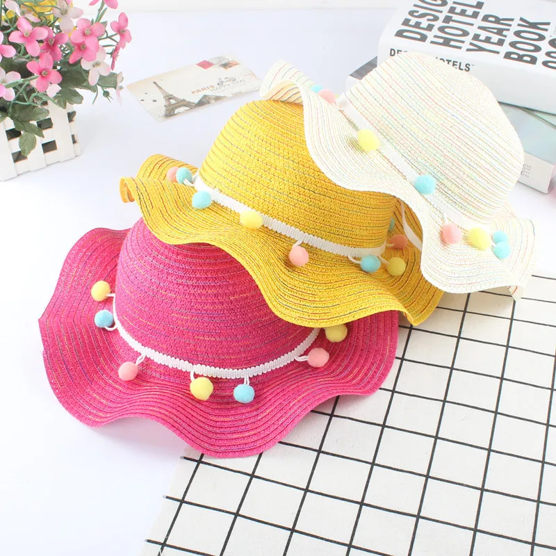 Летние детские соломенные шляпы с милым помпоном и солнцезащитным козырьком; Детские реквизиты для фотосессии; летняя пляжная шляпа для девочек; детская Солнцезащитная шляпа; Casquette Enfant