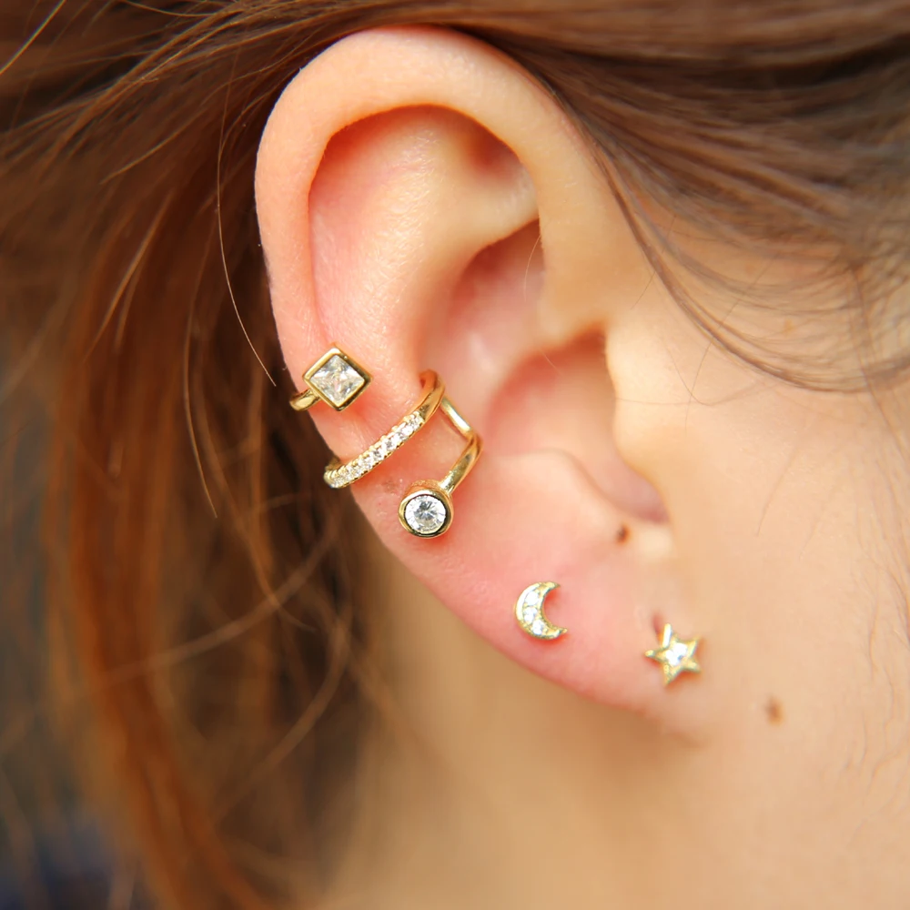 

High Quality 4-5mm mini tiny cute earring cz cute moon star stud multiple piece girl women minimal moon star 925 silver earring