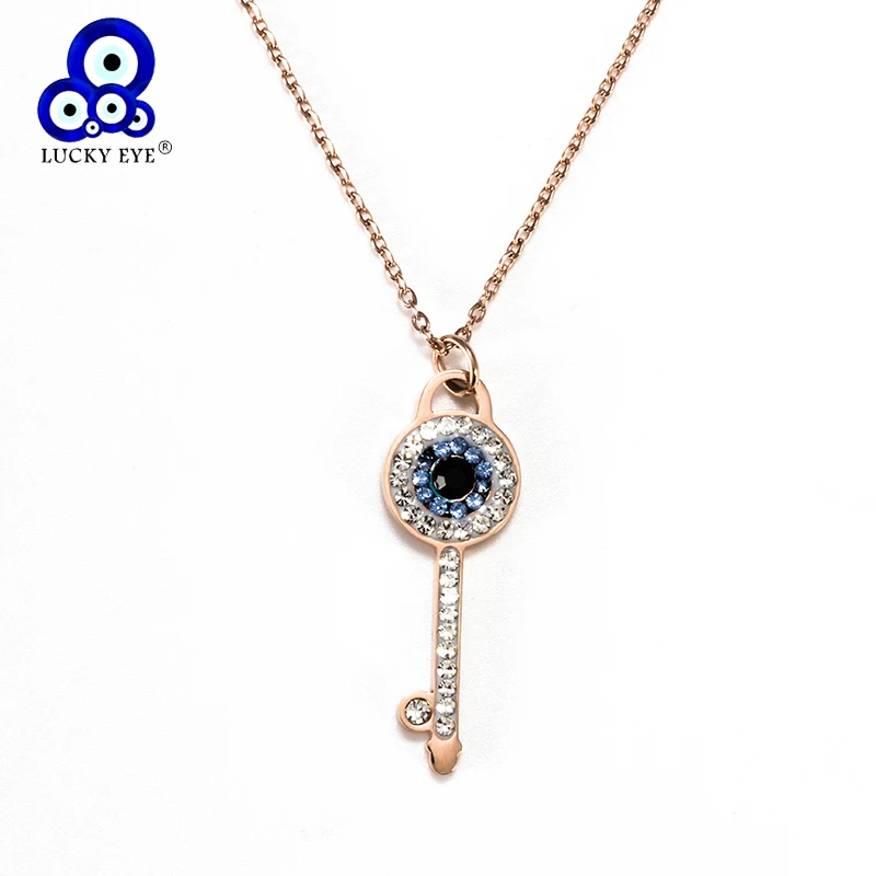 

Lucky Eye Key Charms Necklaces For Women Girl Jewelry Gifts Stainless Steel Zircon Evil Eye Pendants Link Chain Necklace EY5329