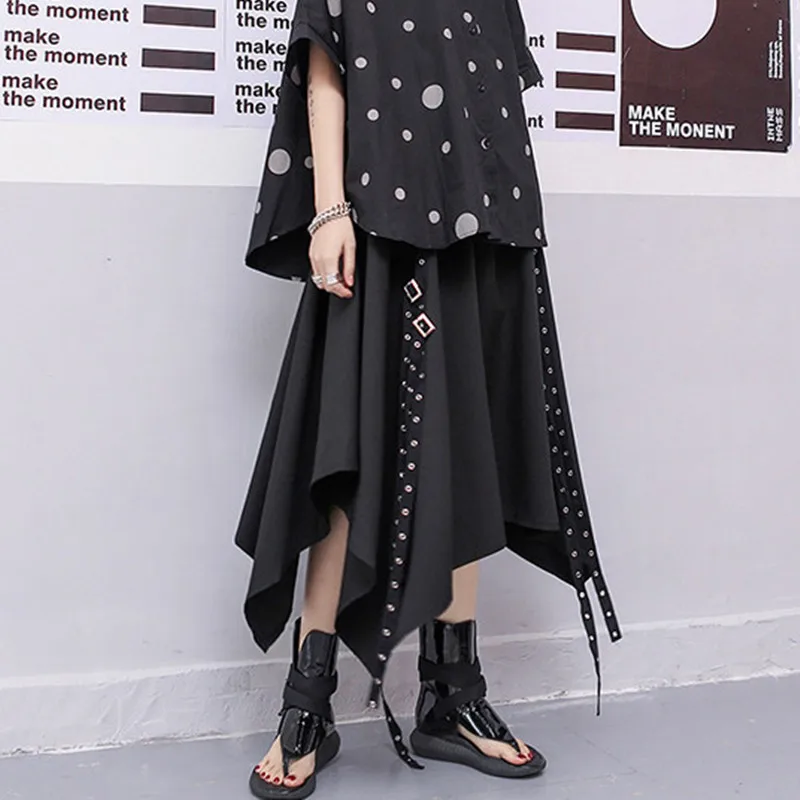 

Johnature Streetwear Spring Summer Solid Color Irregular A-line Women Skirts Elastic High Waist Fashion Women Skirts 2019 New
