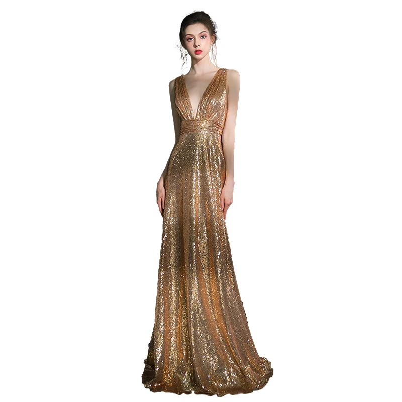 Beauty-Emily Sequins Golden Evening Dresses A Line Long Formal Prom Party Dresses 2019 Long for Women New Style Beauty-Emily Sequins Golden Evening Dresses A Line Long Formal Prom Party Dresses 2019 Long for Women New Style