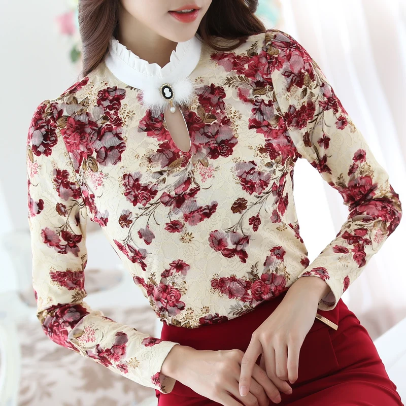 Повседневные осенне-зимние кружевные блузки с высоким воротником и принтом «кроше» женские топы кружевные женские рубашка блузки с длинным рукавом S-3XL - Цвет: 883C Red