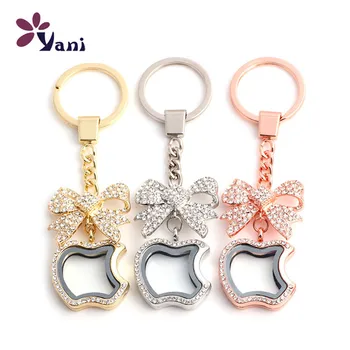 

10pcs/lot Free shipping Floating Locket Keychain Apple Shape Magnet Magnetic Glass Living Floating Locket With Rhinestone Brooch