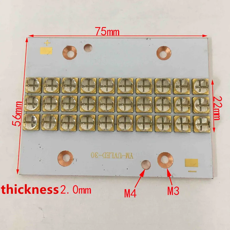 УФ-светодиодный модуль отверждения 300 Вт высокомощный Светодиодный УФ-фиолетовый 6565 365-370nm 380-385nm 395-400nm 400-405nm 56*75 мм