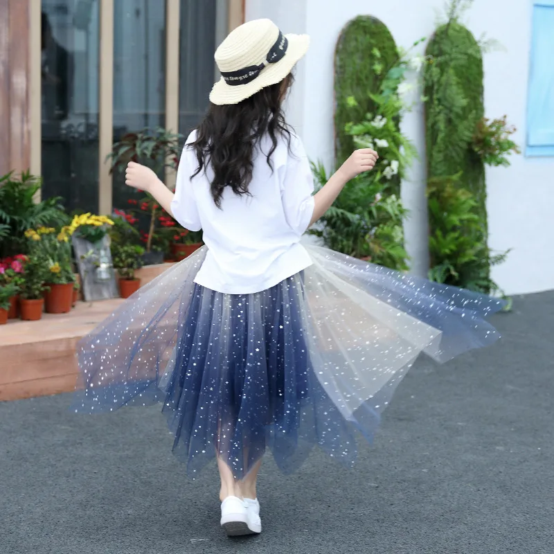 Summer Girls Skirts Sets Children Cotton T-shirts+ Star Lace Skirts Teenage Princess Outfits Fashion Korean Kids Clothing Sets