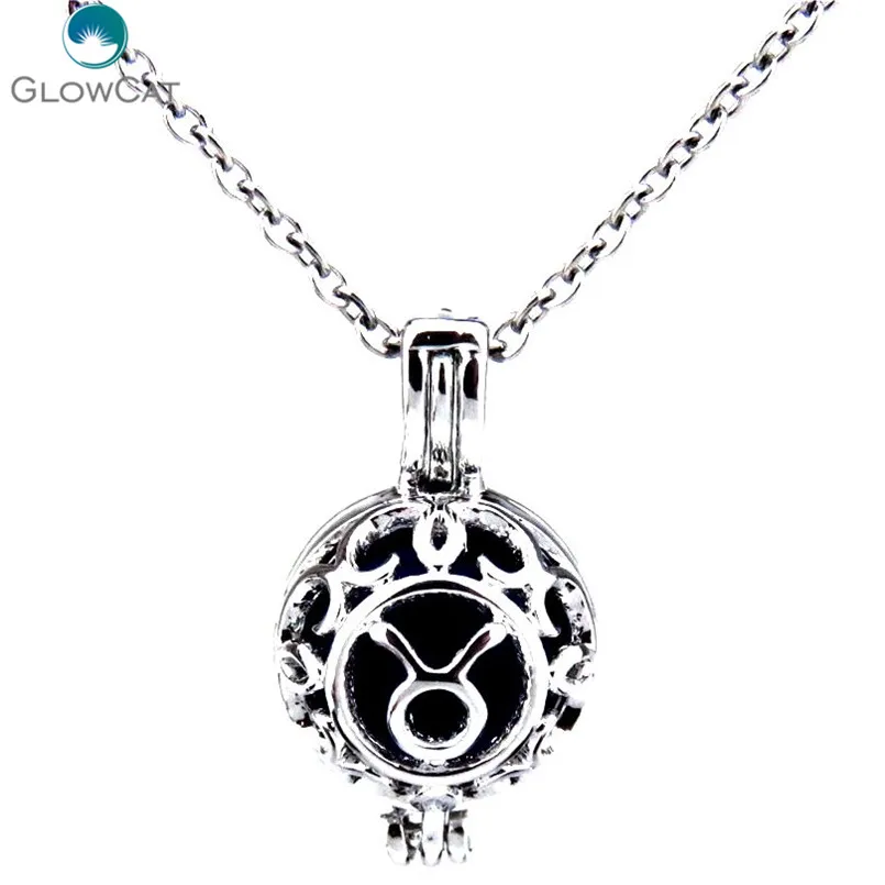 

K432 Copper Horoscope Pearl Beads Cage Necklace -- Taurus Symbol Aroma Essential Oil Diffuser Locket