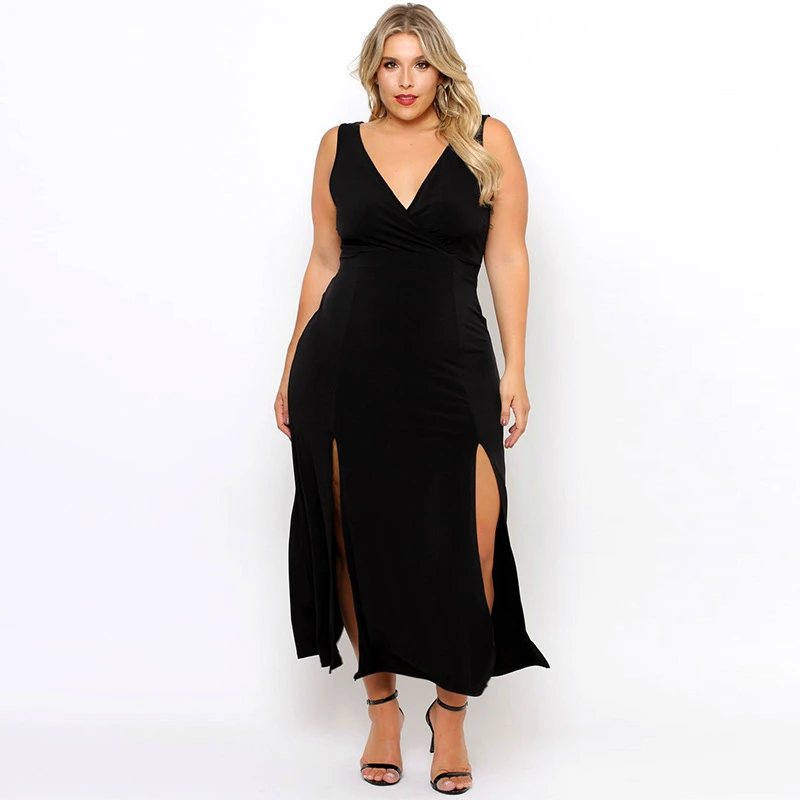 2018 New Autumn Europe Large Size Women Black Knitted Sleeveless Split Sexy Party Dress for Fat Female Sukienka Vestido Dresses